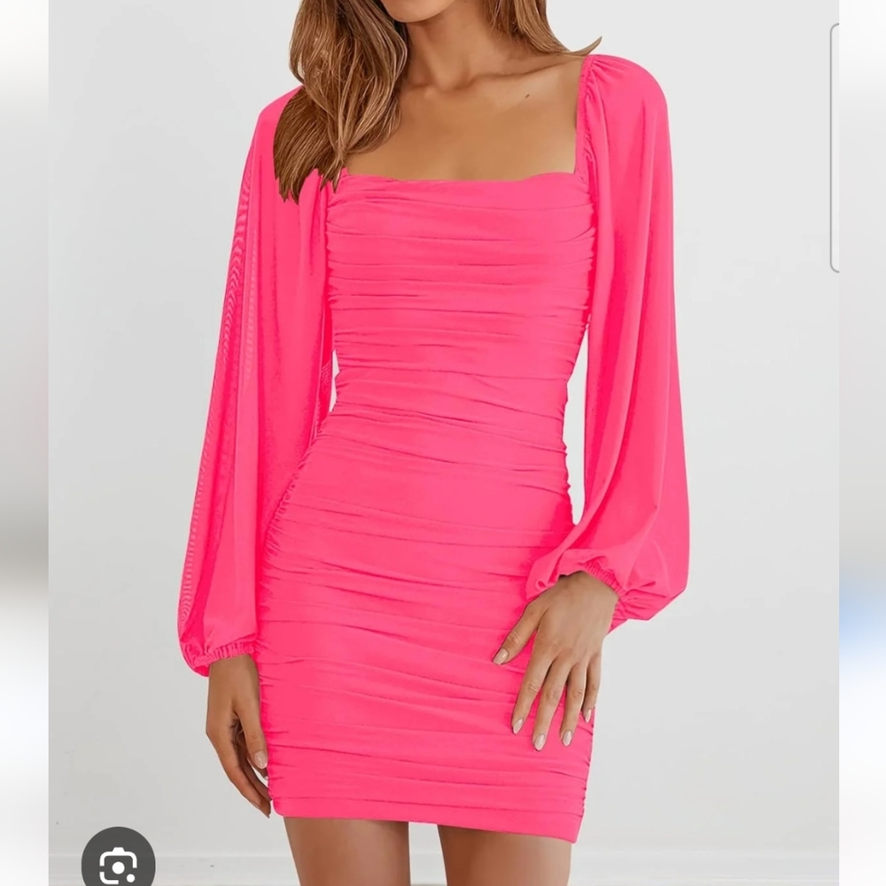 Pink Ruched Bodycon Dress with Square Neckline